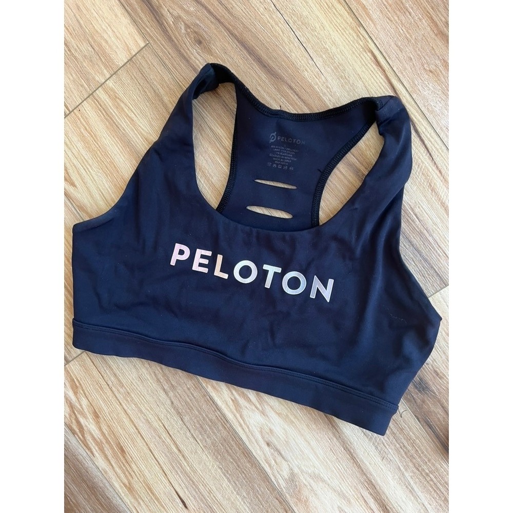 Peloton LG Black Logo Racerback Sports Bra Cutout Back Sports Workout Exercise